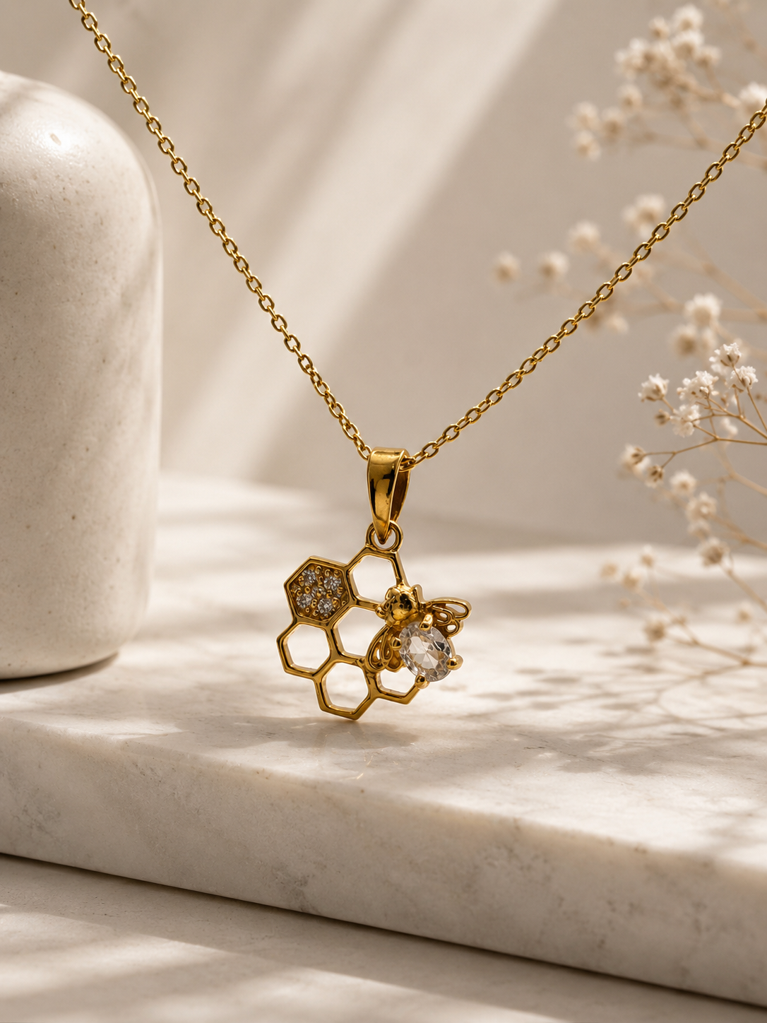 STERLING SILVER GOLD BEE Pendant on honeycomb with Cubic Zirconia