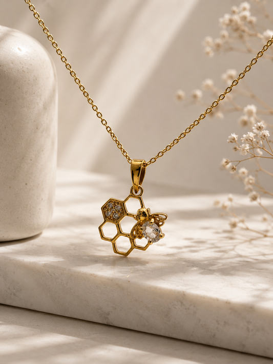 STERLING SILVER GOLD BEE Pendant on honeycomb with Cubic Zirconia