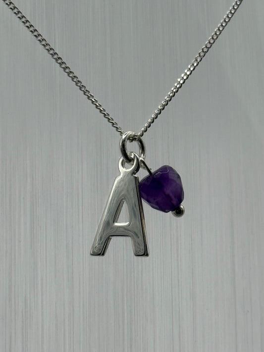 Sterling Silver INITIAL Pendant with Amethyst