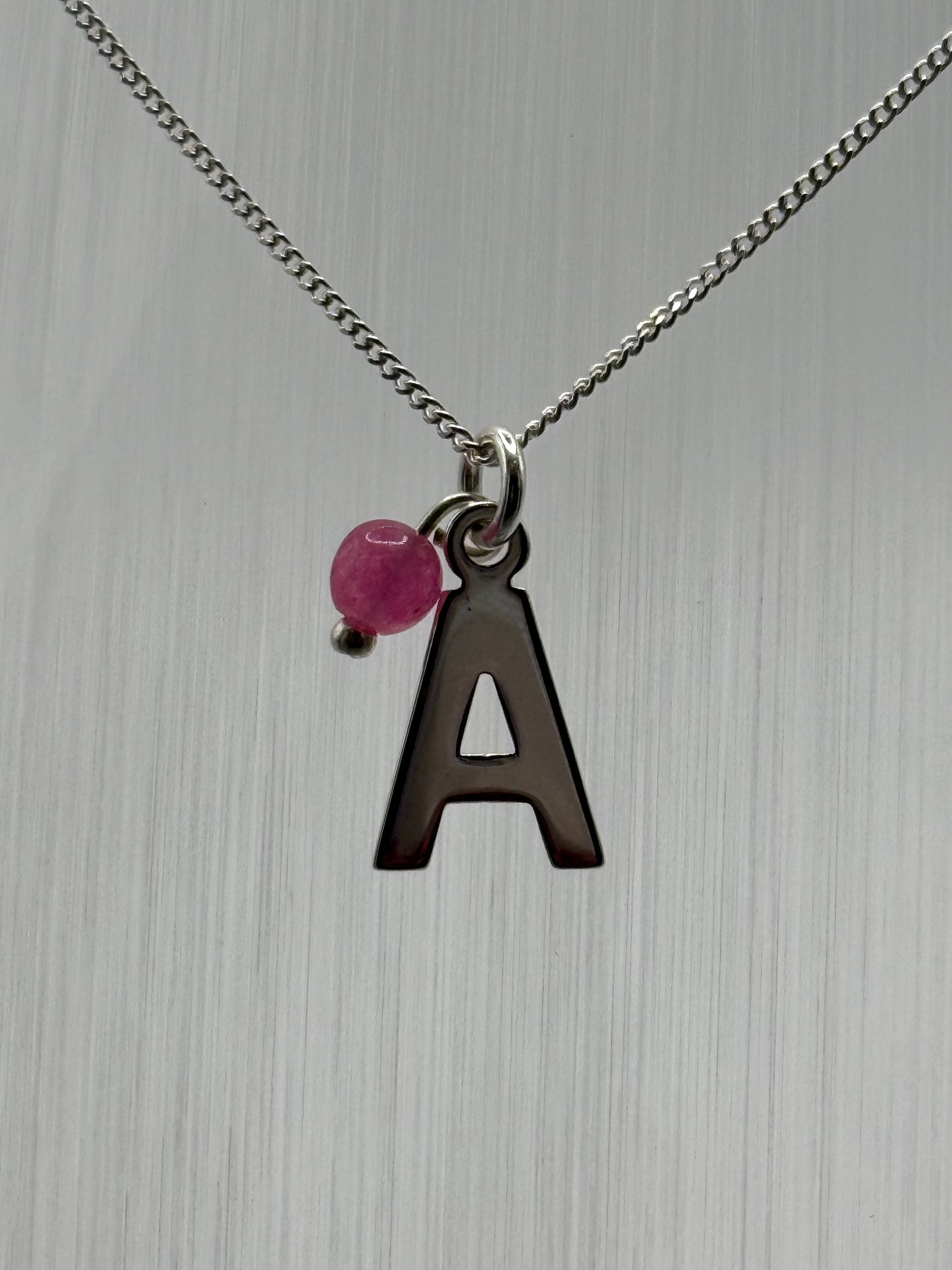 Sterling Silver INITIAL Pendant with Fuchsia Pink Quartz