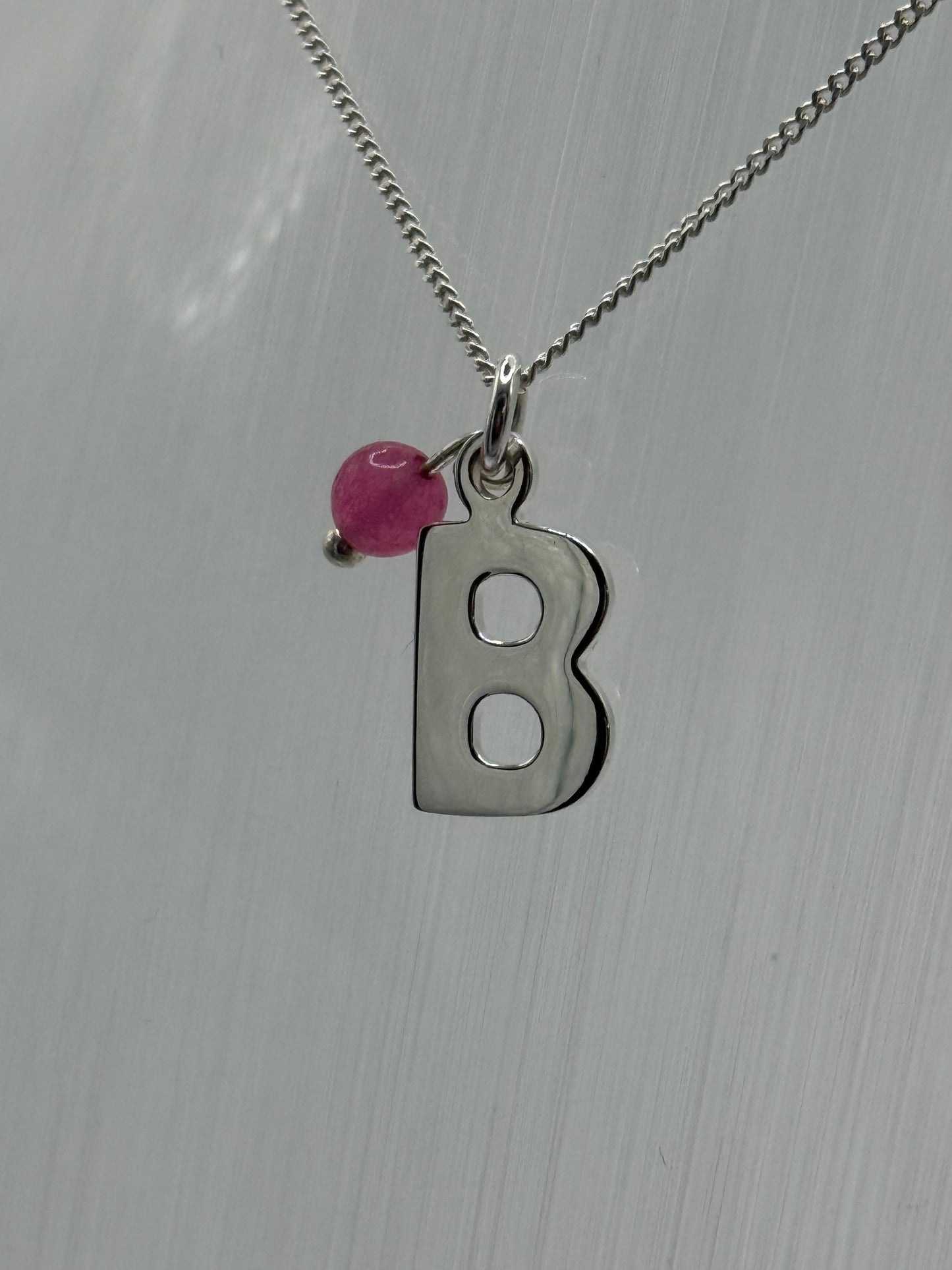 Sterling Silver INITIAL Pendant with Fuchsia Pink Quartz