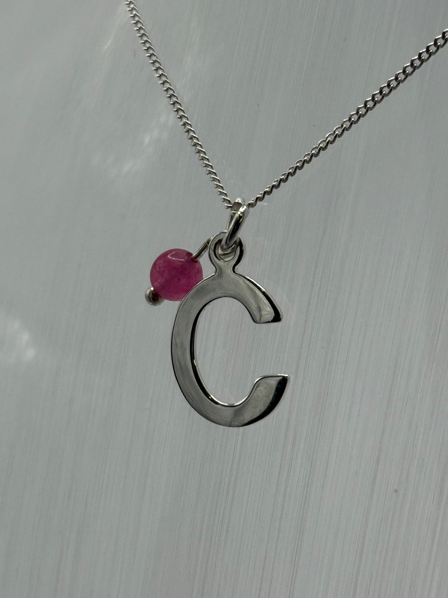Sterling Silver INITIAL Pendant with Fuchsia Pink Quartz