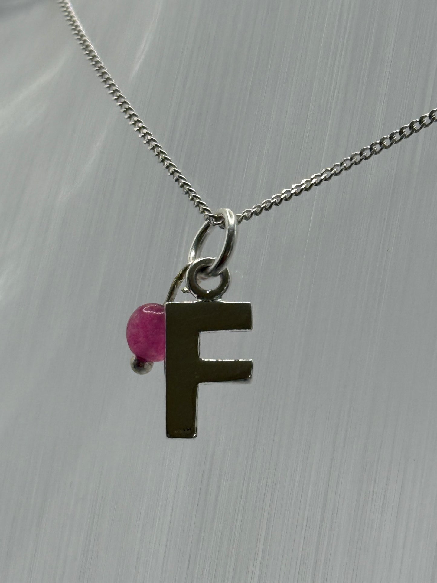 Sterling Silver INITIAL Pendant with Fuchsia Pink Quartz