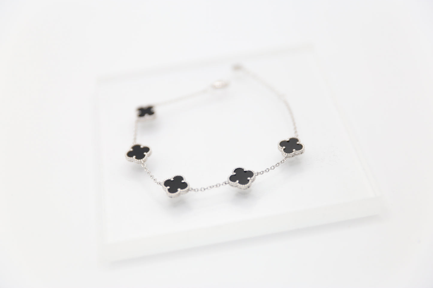 Sterling Silver Black Onyx Clover Bracelet