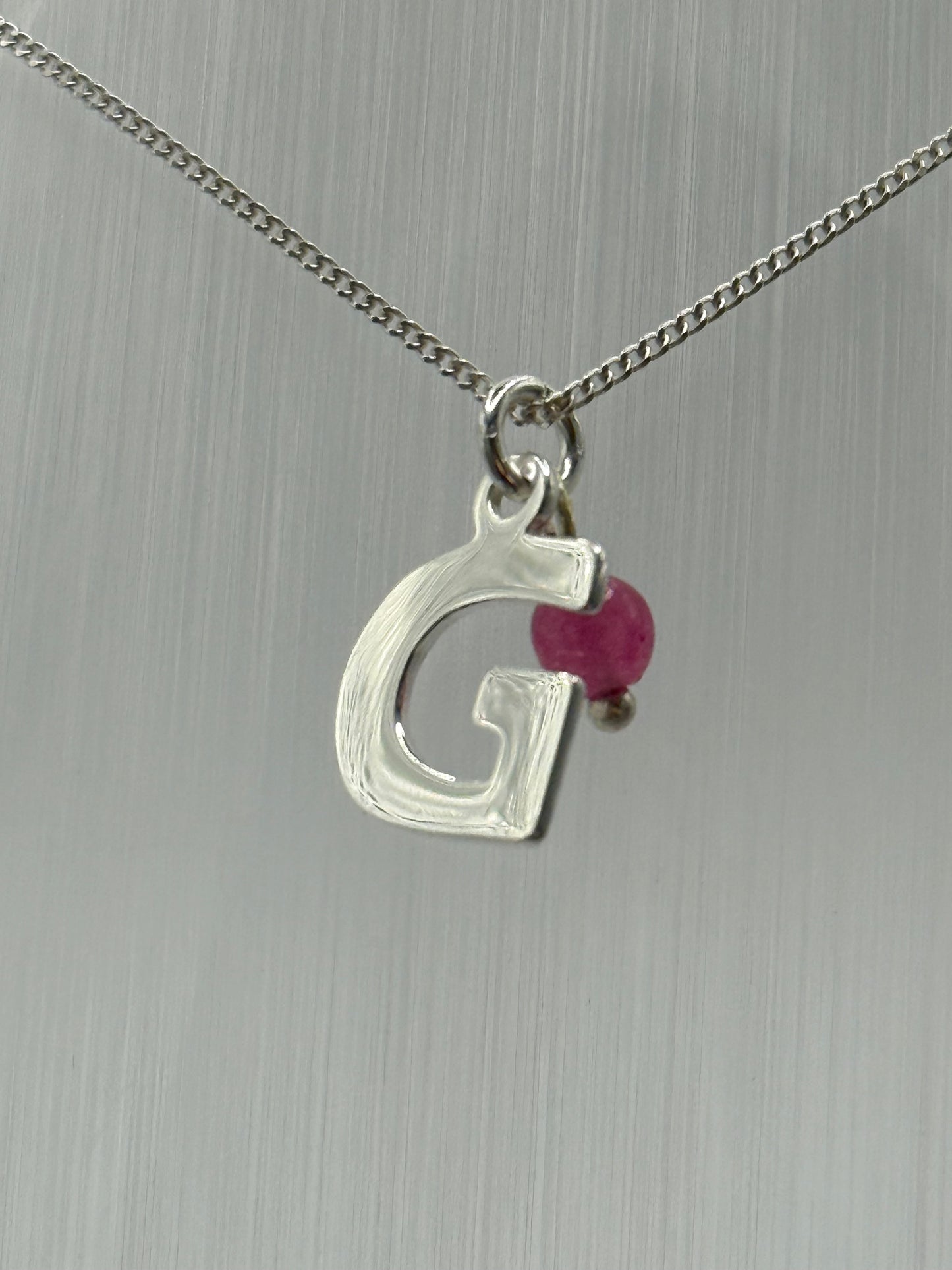 Sterling Silver INITIAL Pendant with Fuchsia Pink Quartz