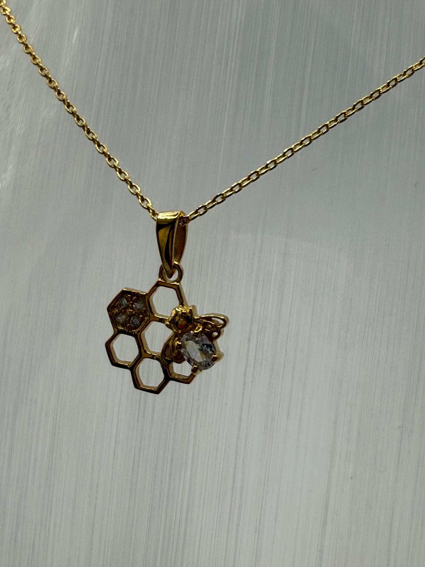 STERLING SILVER GOLD BEE Pendant on honeycomb with Cubic Zirconia
