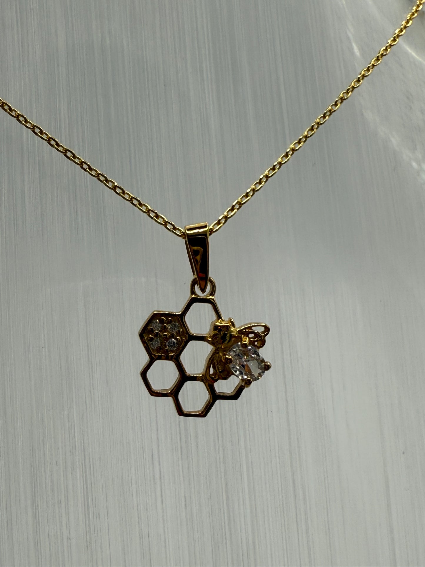 STERLING SILVER GOLD BEE Pendant on honeycomb with Cubic Zirconia