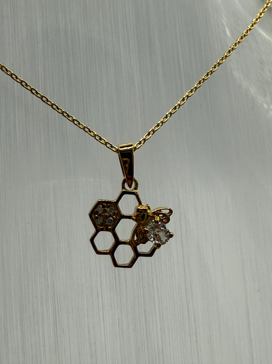 STERLING SILVER GOLD BEE Pendant on honeycomb with Cubic Zirconia